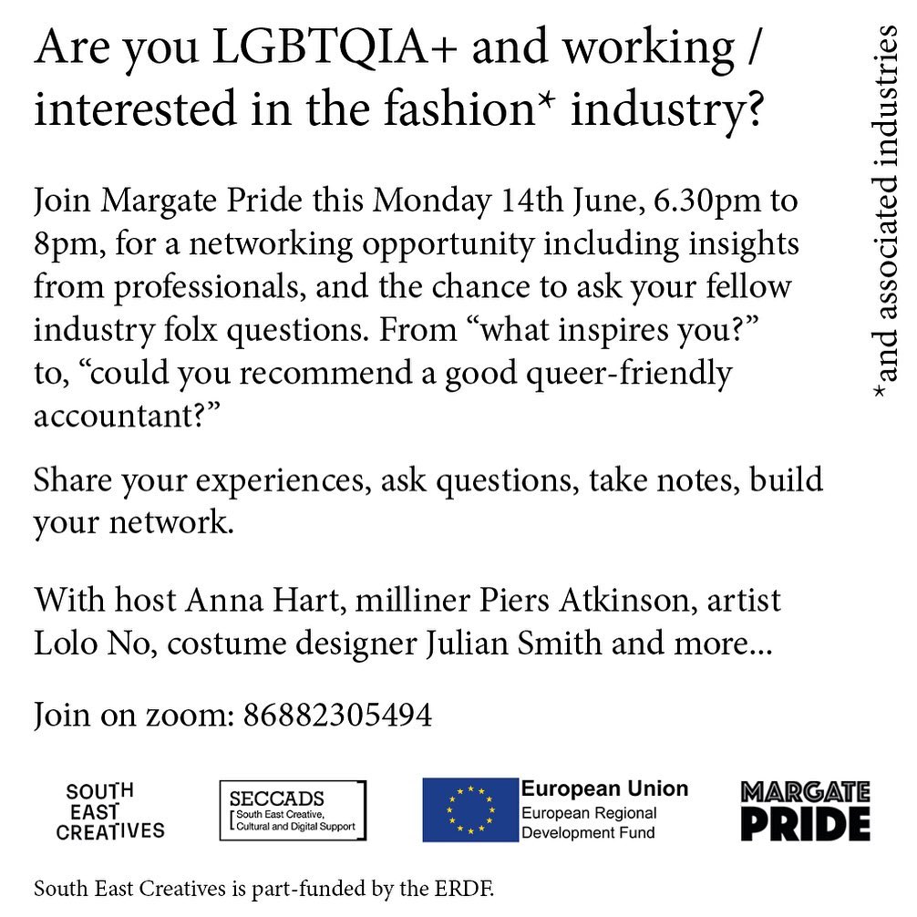 Are you #LGBTQIA+ and working/interested in the fashion industry?
Join @MargatePride TODAY 14 June, 6.30pm to 8pm, for a networking opportunity - Join on zoom: 86882305494
