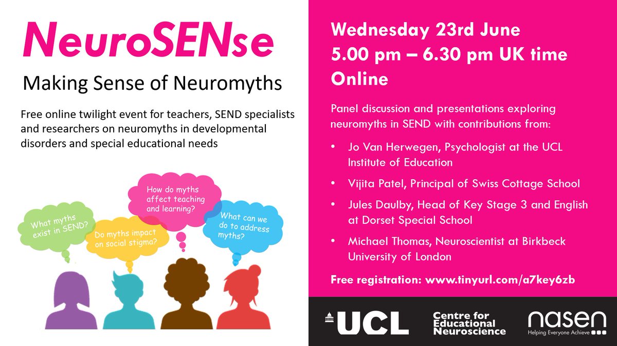 UoL_CEN's tweet photo. Very excited that Vijita Patel @PatelVijita &amp; Jules Daulby @JulesDaulby will be joining us for our free online twilight session on neuromyths in SEND. All teachers and researchers welcome!

🗓 Wed June 23, 5 - 6.30 pm (UK time)

Registration: https://t.co/jePPSAH965 https://t.co/I3E9ytbGEE