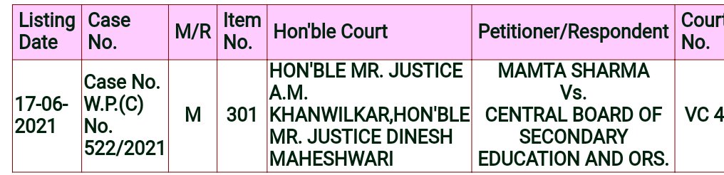AdvMamtaSharma's tweet photo. PIL Mamta Sharma V. CBSE &amp;Ors will be listed for hearing on 17.06.2021. Objective methodology to be adopted for evaluation will be analysed by Hon'ble Apex Court to ensure no injustice is caused to Students.
@anubha1812 @LiveLawIndia @barandbench @TimesNow https://t.co/OsinaWDy9B