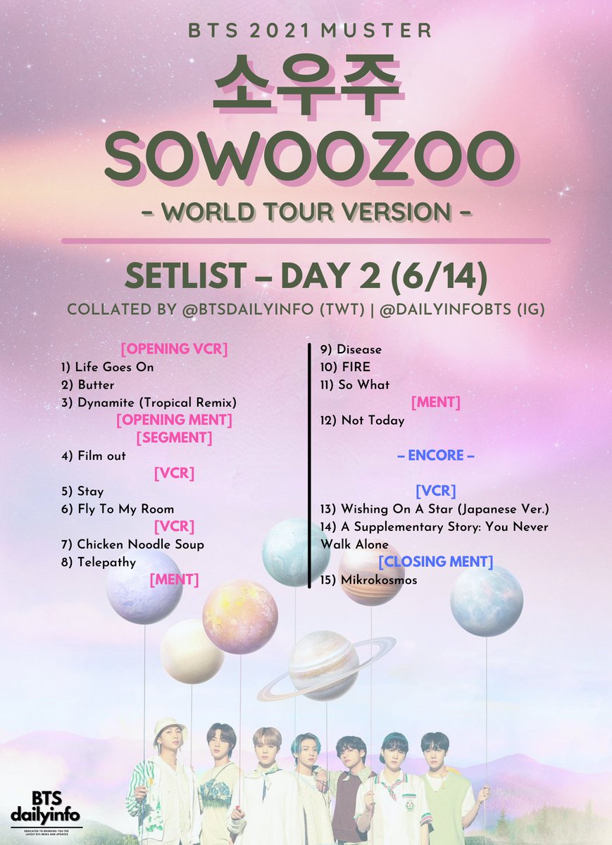 BTSdailyinfo's tweet photo. [#SOWOOZOO] 210614 @BTS_twt

2021 #BTS MUSTER – DAY 2 (Setlist) 

🪐 Setlist collated by @BTSdailyinfo
🪐 Please *do not repost* : )
🔗 Day 1's setlist: (https://t.co/dBFA6cp8AG)

#방탄소년단 #SOWOOZOO_D2 https://t.co/Vmpj2uxGkx