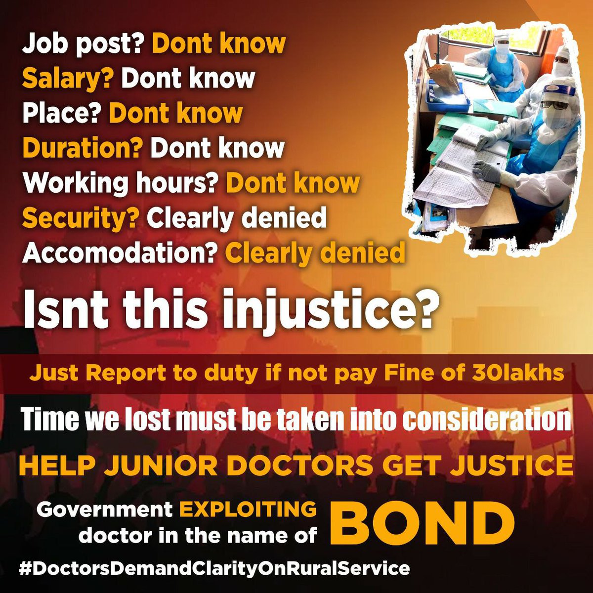 DShadulla's tweet photo. 5 months wasted , 1 year abrupt service, please reduce service by 5months 

#DoctorsDemandClarityOnRuralService 

@BSYBJP @mla_sudhakar @DHFWKA @karnatakarda  @publictvnews @DKShivakumar @tv9kannada @IndiaToday @THBengaluru @TOIBengaluru https://t.co/APcOAt3cZJ