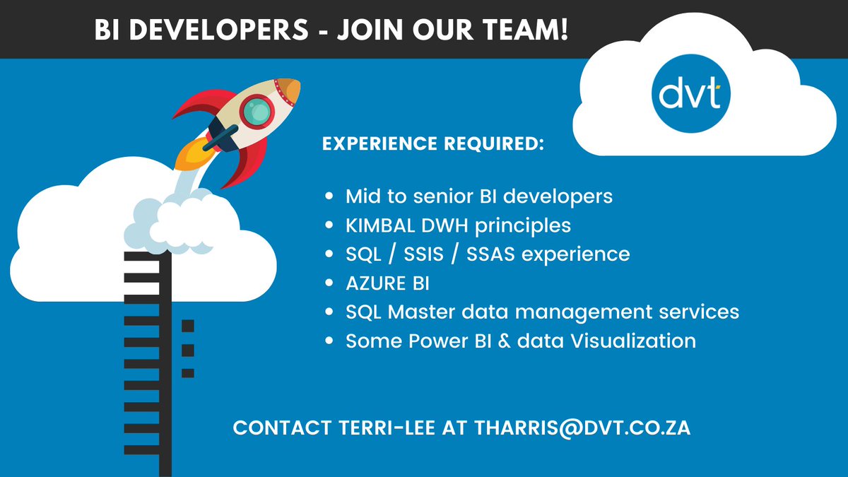 DVTSoftware's tweet image. @DVTSoftware is hiring! We&apos;re looking for mid to senior BI Developers for exciting client projects! Get in touch with Terri-Lee at tharris@dvt.co.za to find out more.
#jobseekers #bidevelopers #softwarejobs #joinourteam