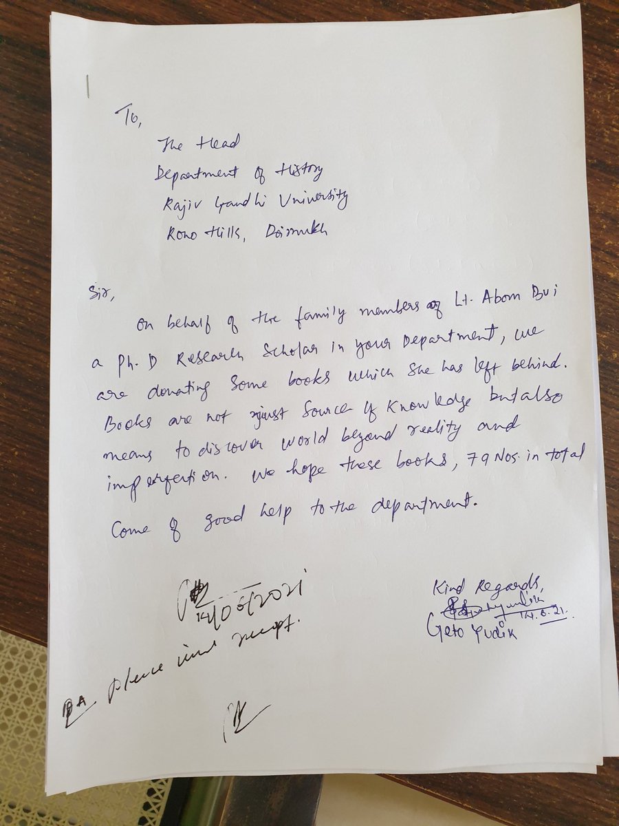 PremTaba's tweet photo. Lt Abom Bui's presence shall still be felt in the Deptt. Today, her family members donated eclectic collection of her personal books to @RGU1984 's History's Deptt library. The 79 books were received by HoD , Prof Ashan Riddi who was also her Ph.D supervisor. 
@Saket_Kushwaha4 https://t.co/oRxfJjvxW7