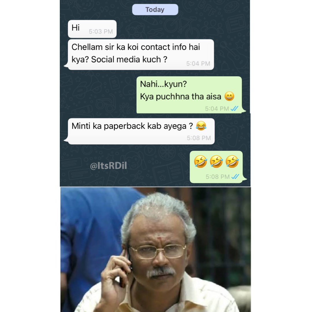 ItsRDil's tweet image. Mujhe khud nahin pata 😂 kya pata #ChellamSir ko pata ho - #Minti