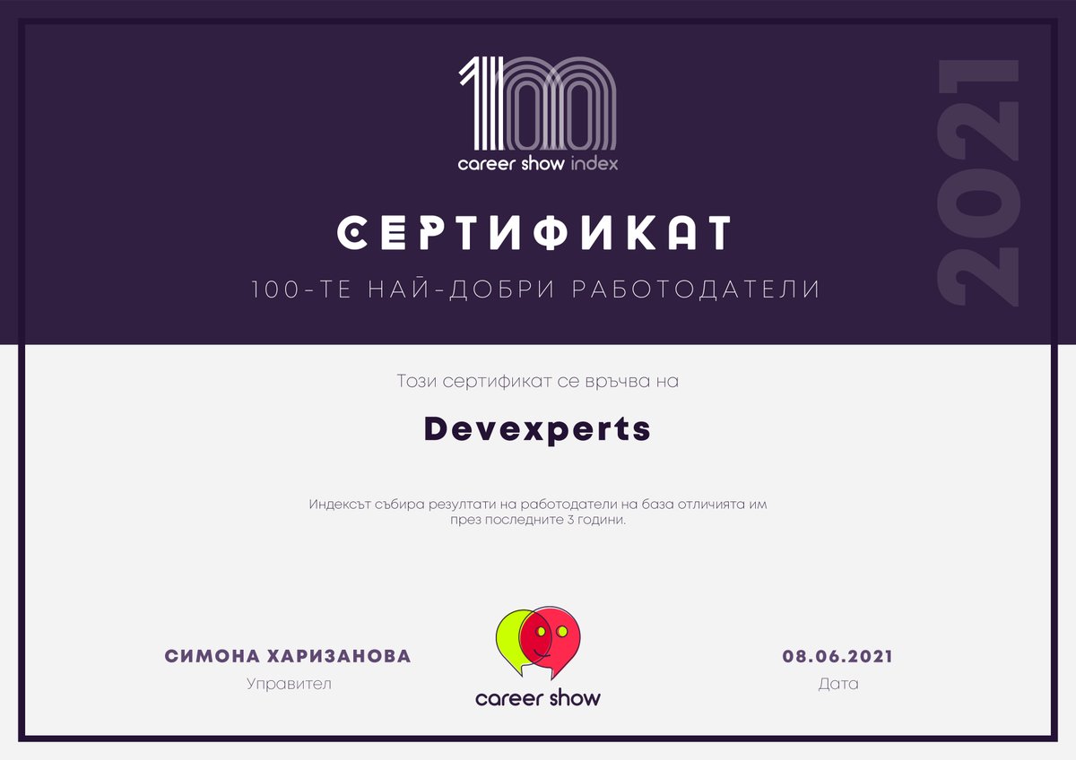 devexperts's tweet image. Thanks to the Career Show Index, Devexperts is now ranked among the top 100 IT employers in Bulgaria for 2021! 🎉🇧🇬
We feel truly honoured to be featured and we will continue our work in doing the very best for our employees!
#devexperts #CareerShow