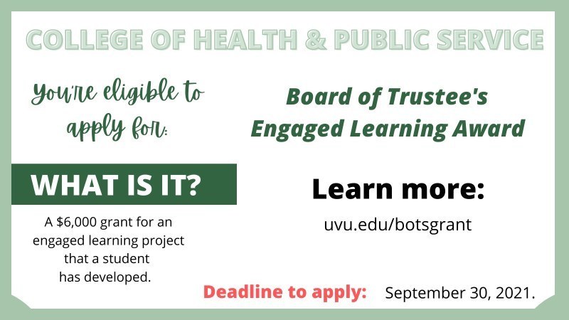 UVUchps's tweet image. Hey CHPS students! You are eligible for the Engaged Learning grant. Take advantage of this wonderful opportunity, Wolverines! Check it out!