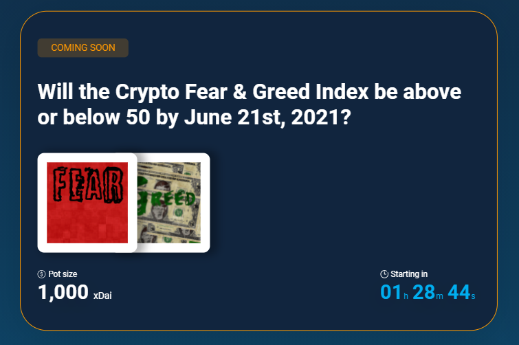 RealityCards's tweet photo. With the crypto market heating up again, we've got a new event starting in just over an hour! 🔥

"Will the Crypto Fear &amp; Greed Index be above or below 50 by June 21st, 2021?"

Data will be taken from: https://t.co/mpqt8Rdh2c https://t.co/iJRLAxUk9U