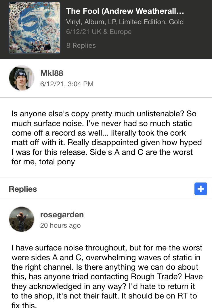 GalvinShane's tweet photo. @RoughTradeRecs @somuchpinkice @_Warpaint Quite a few complaints on Discogs. A couple shown below. Mine has same problem too. https://t.co/sIyJxNskjg