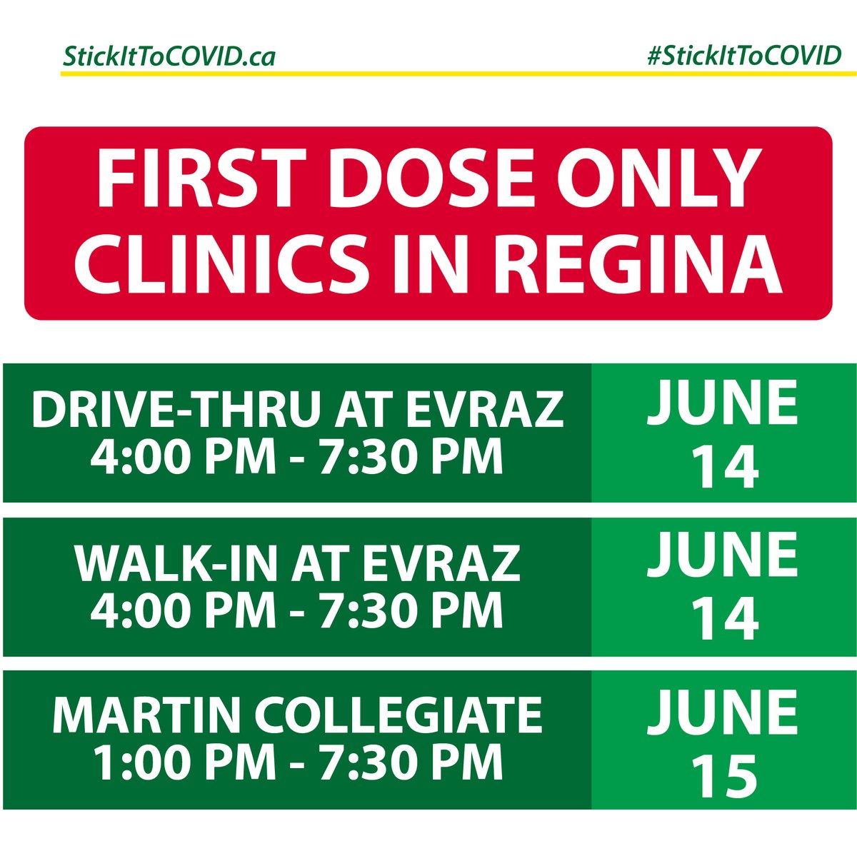 Today and tomorrow, Regina will be holding first-dose clinics for all residents aged 12+.  These clinics are available to anyone who has not already received their first shot of the COVID-19 vaccine. [1/2]