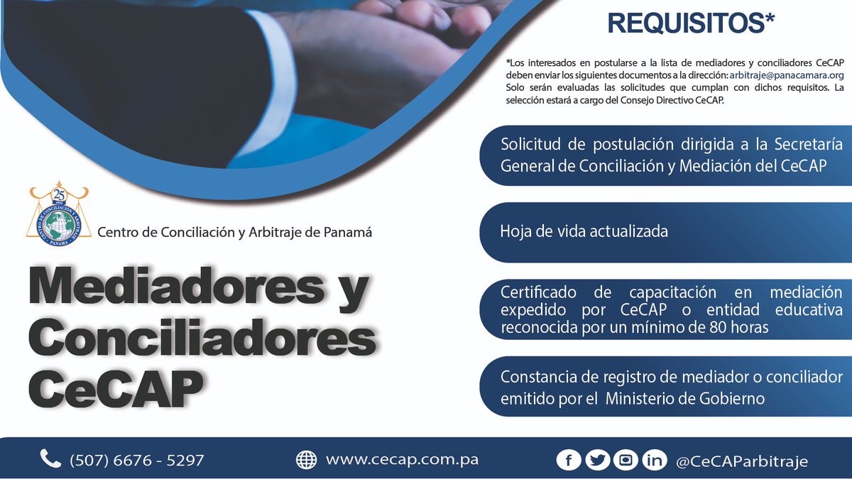 🔊¡Postulaciones Abiertas para la Lista de Mediadores y Conciliadores CeCAP!

🔹Los interesados deben enviar los siguientes documentos a la dirección: arbitraje@panacamara.org

📌Solo serán evaluadas las solicitudes que cumplan con dichos requisitos.