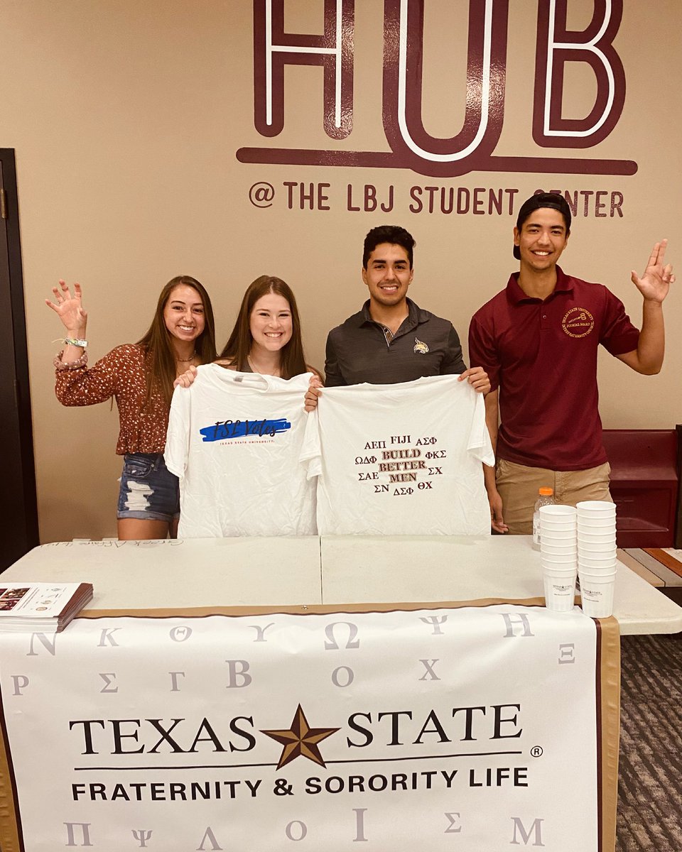 Interested to join the Fraternity and Sorority Life community? Meet our council representatives @ The Hub in LBJ Student Center (2nd Floor) Monday-Thursday 11am-2pm this month to learn how to get involved! 🐾 #TXST25 #TXSTFSL