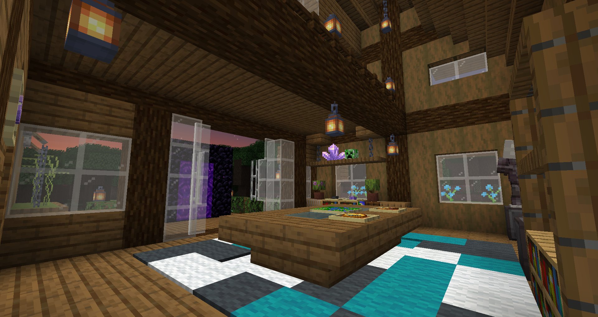 Twitter 上的 Sippou Emaiyu こちらが内装 広間 作業場と荷物置き場 ゲートへのテラス フレに作ってもらった2fの内装 お気に入りは のゲートへのテラス カーペットは外観に合わせました マイクラ Minecraft マイクラ内装 バニラ建築 T Co