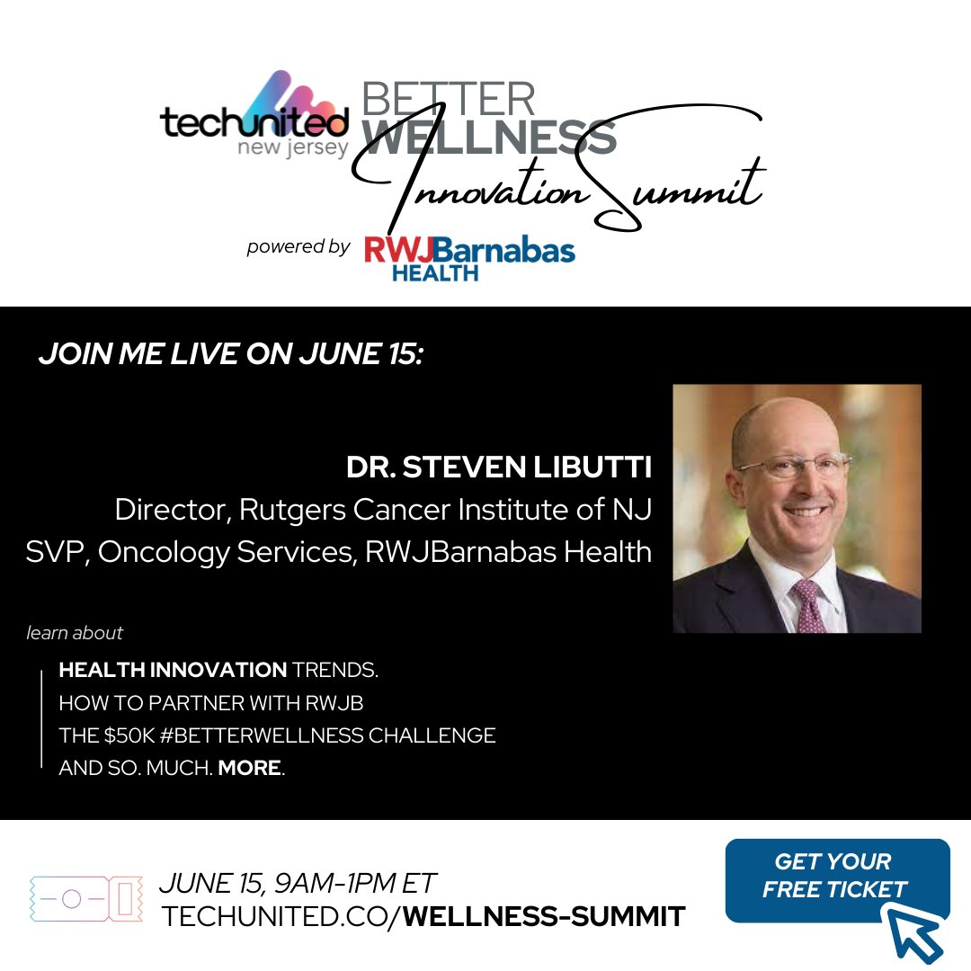 RutgersCancer's tweet photo. TOMORROW @RutgersCancer’s Director Dr. Steven Libutti (@slibutti) is speaking at the @WeAreTechUnited #BetterWellness Innovation Summit, powered by @RWJBarnabas! Join us to discover how healthcare innovation can build a #BetterFutureForAll. Learn more https://t.co/c5c7VahptH https://t.co/G095IPkLMG