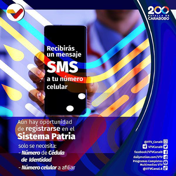 #PlanDeVacunación💉| En esta fase de vacunación el proceso de selección se realizará a través del Sistema Patria, mediante el cual las personas recibirán un SMS con la fecha, hora y centro de salud donde serán vacunadas

#LlamaDeCaraboboInvencible