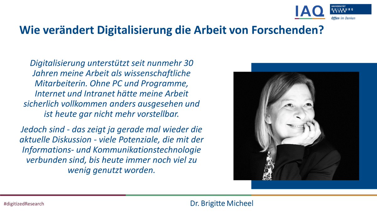 BEST_IAQ's tweet photo. Dr. Brigitte Micheel richtet bei der Frage ihren Blick auf ihr bisheriges Arbeitsleben und betont ungenutzte #Potenziale der #Digitalisierung 📈
#Digitaltag #digitizedResearch https://t.co/XqiNO7yhPd