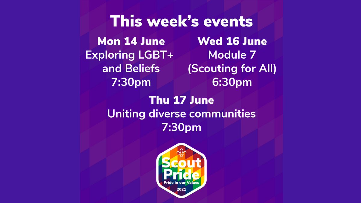 We have three fantastic online Scout Pride 2021 events this week to celebrate #PrideMonth.  There’s still time to register for tonight’s free virtual event ‘Exploring LGBT+ and Beliefs’ at 7.30pm – sign up here: scouts.org.uk/pride #Pride2021 #ScoutPride