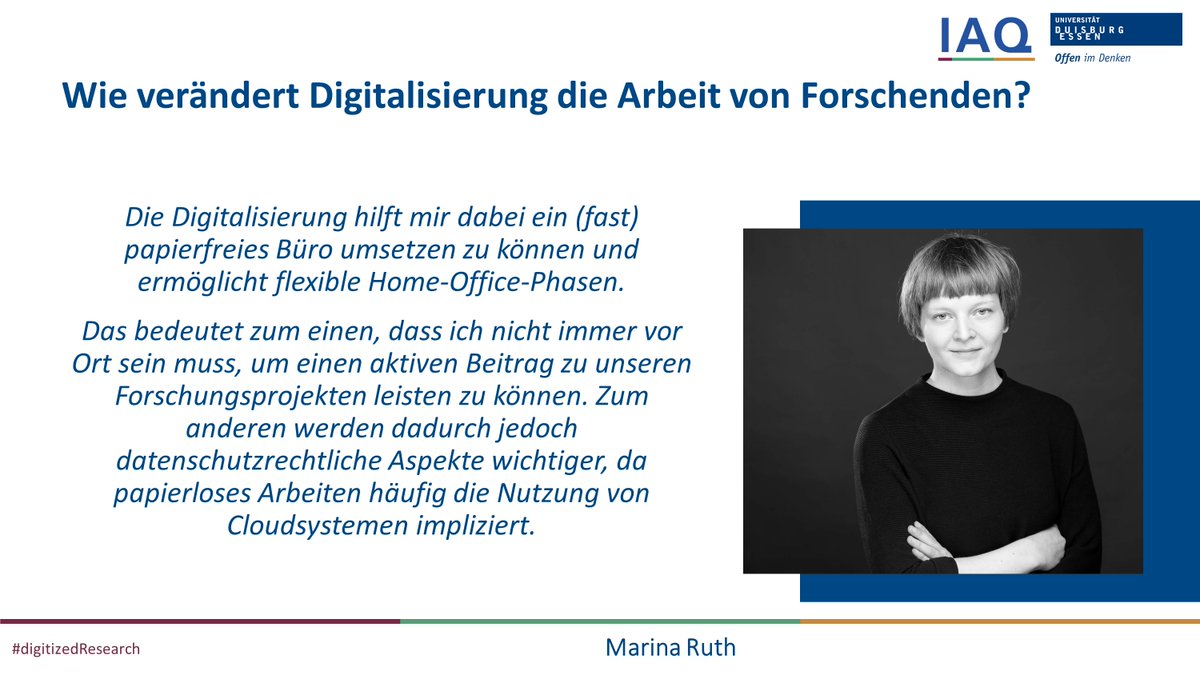 BEST_IAQ's tweet photo. Den Auftakt der Fragenrunde zum #Digitaltag macht Marina Ruth mit ihrem Statement zum #papierlosen Büro - mit seinen Vor- und Nachteilen 💻☁️
#digitizedResearch https://t.co/EIZRg8uHzY