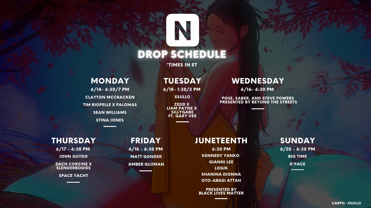 niftygateway's tweet photo. 🚨NEW DROP SCHEDULE🚨

Monday- Thursday
@stina_jones
@c180n_tv
@iArtSometimes
@timriopelle x @palomaslive 
@xsullo 
@Zedd x @LiamPayne x @Sillygabe ft. @garyvee 
#BeyondtheStreetsArt
@JohnGuydo 
@ZacharyCorzine x @slenderbodies 
@spaceyacht 

1/2 https://t.co/vWHYE2YLJd