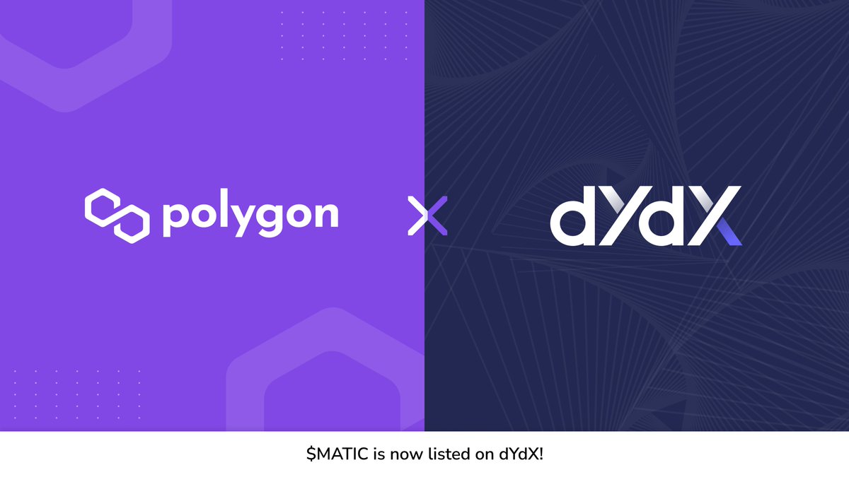 0xPolygon's tweet photo. 🔥 $MATIC is now listed on @dydxprotocol, a Decentralized Perpetual Trading platform built on Ethereum.

💹 Trade MATIC with 10X leverage, cross-margin and zero gas fees on dYdX’s high speed, secure trading infrastructure.

🌐 Learn more: https://t.co/tvF9uLuCn9 https://t.co/diI9PVc6sk