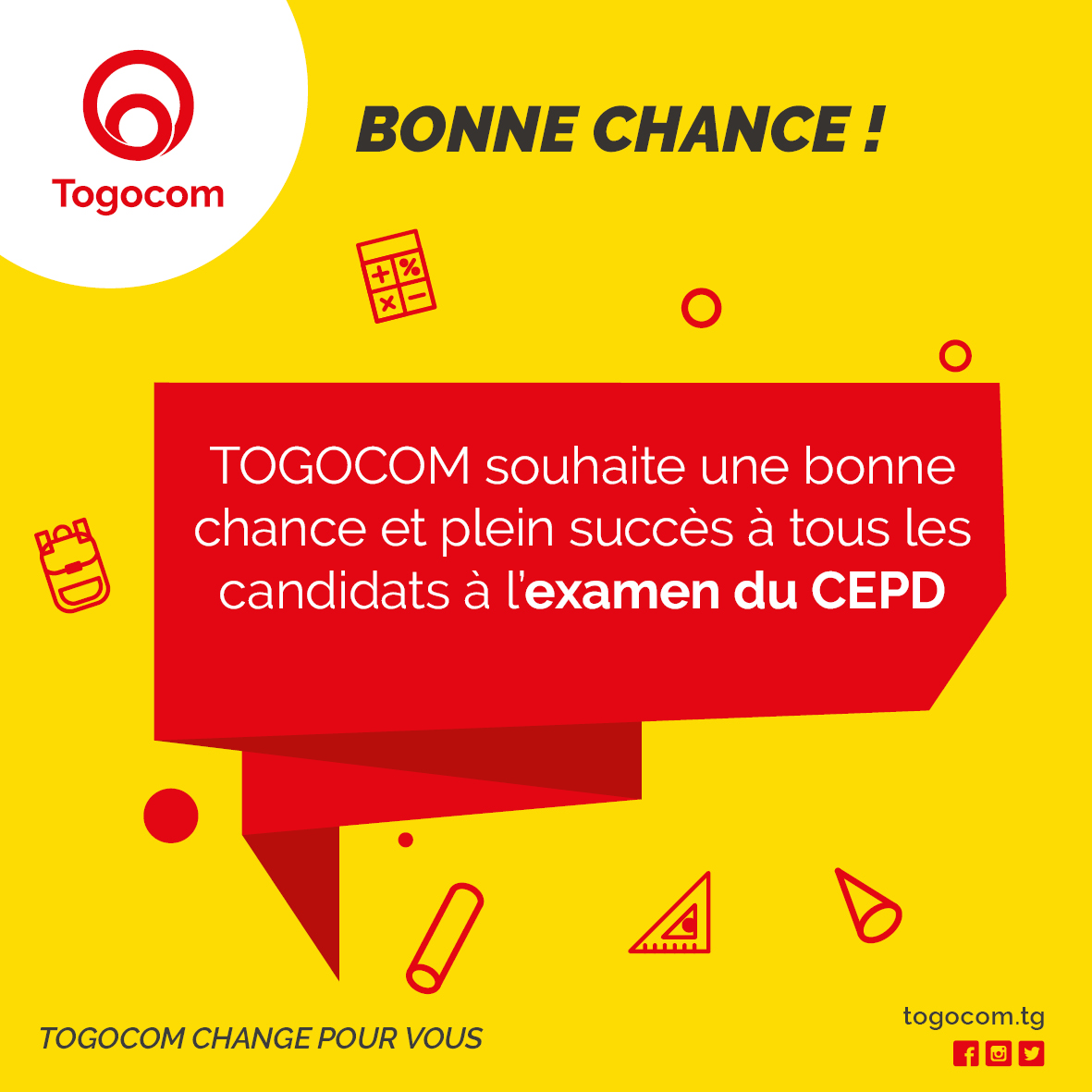 تويتر Togocom على تويتر Aujourd Hui Commence L Examen Du Cepd Togocom Souhaite Une Bonne Chance Et Plein De Succes A Tous Les Candidats Bon Courage Aux Parents Enseignants Et Tous Ceux Qui