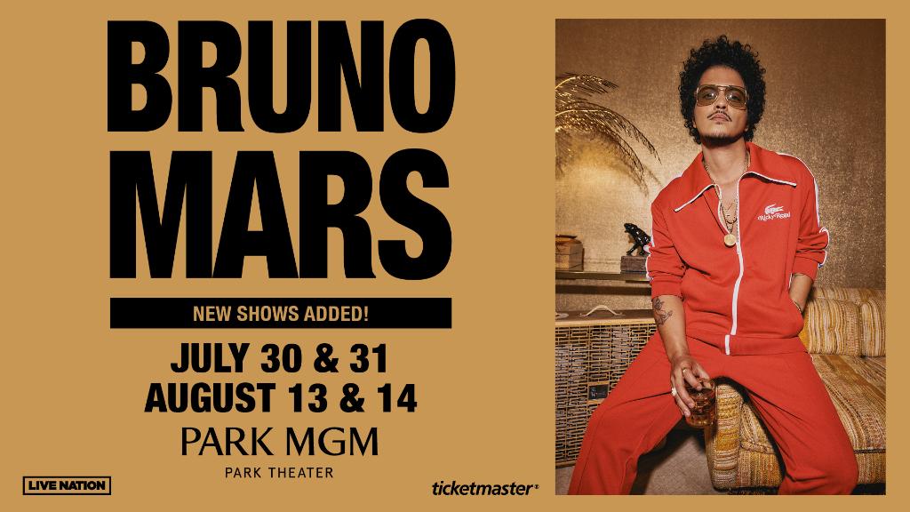 🚨 JUST ANNOUNCED 🚨 July 30-31 & August 13-14 dates have been added to @BrunoMars' run of summer shows at Park Theater. Tickets go on sale this Friday, June 18, 2021 at 10:00AM PST: spr.ly/6011y3zGF