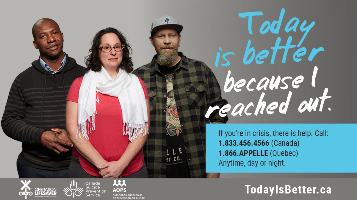 If you’re experiencing suicidal thoughts, there is help. A trained responder is here to listen. Call 1.833.456.4566 (Canada) or 1.866.APPELLE (Quebec). #TodayIsBetter 
 bit.ly/3vogJQb  <a href="/CAMHnews/">CAMH</a> <a href="/CrisisCanada/">Crisis Services Canada</a> <a href="/CMHA_NTL/">CMHA National</a> <a href="/AQPS_Quebec/">AQPS</a>
