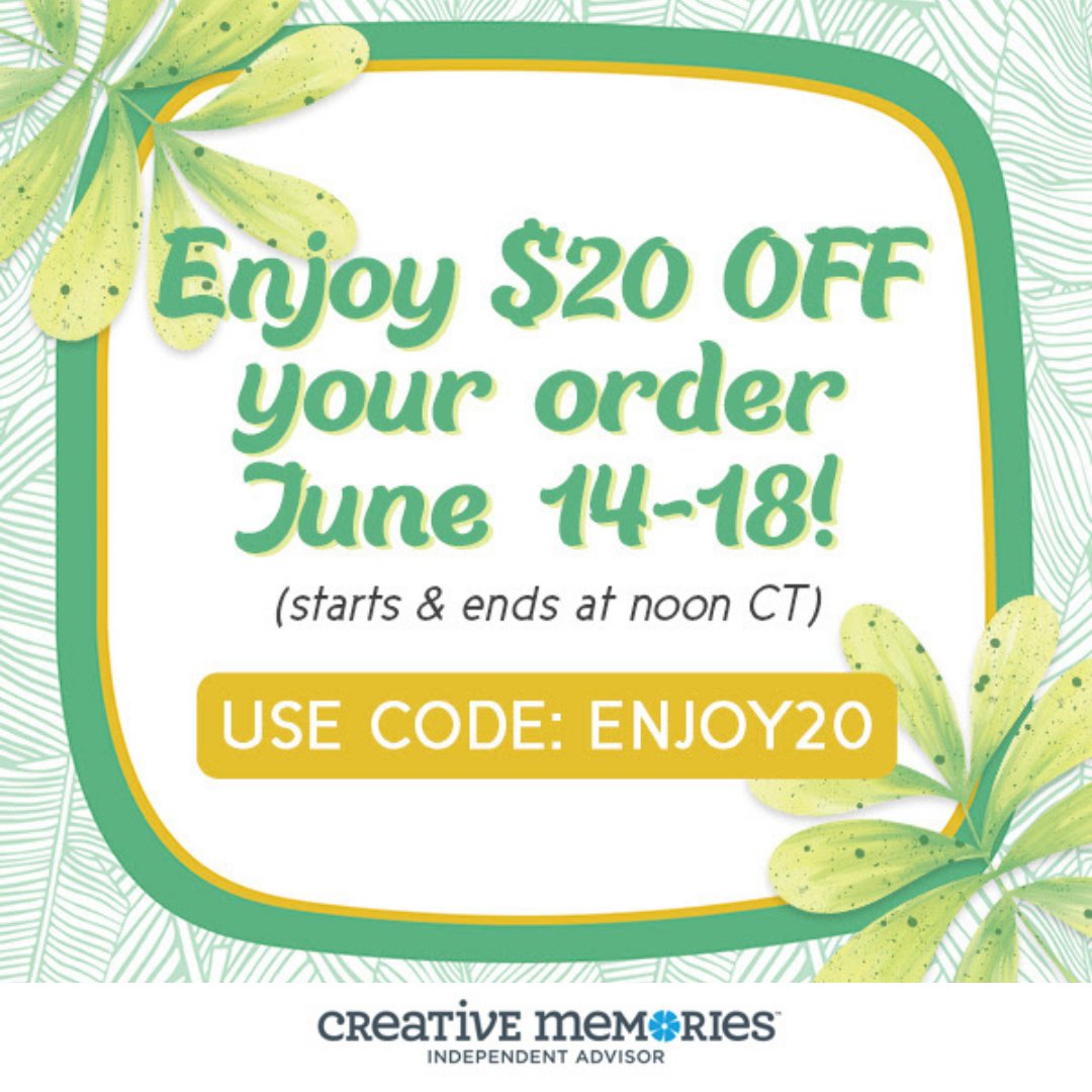 MemoryKeepingR's tweet image. Take $20 off any order in your cart using code: ENJOY20 
Starting today at noon CT!

🛍 - creativememories.com/user/memorykee…