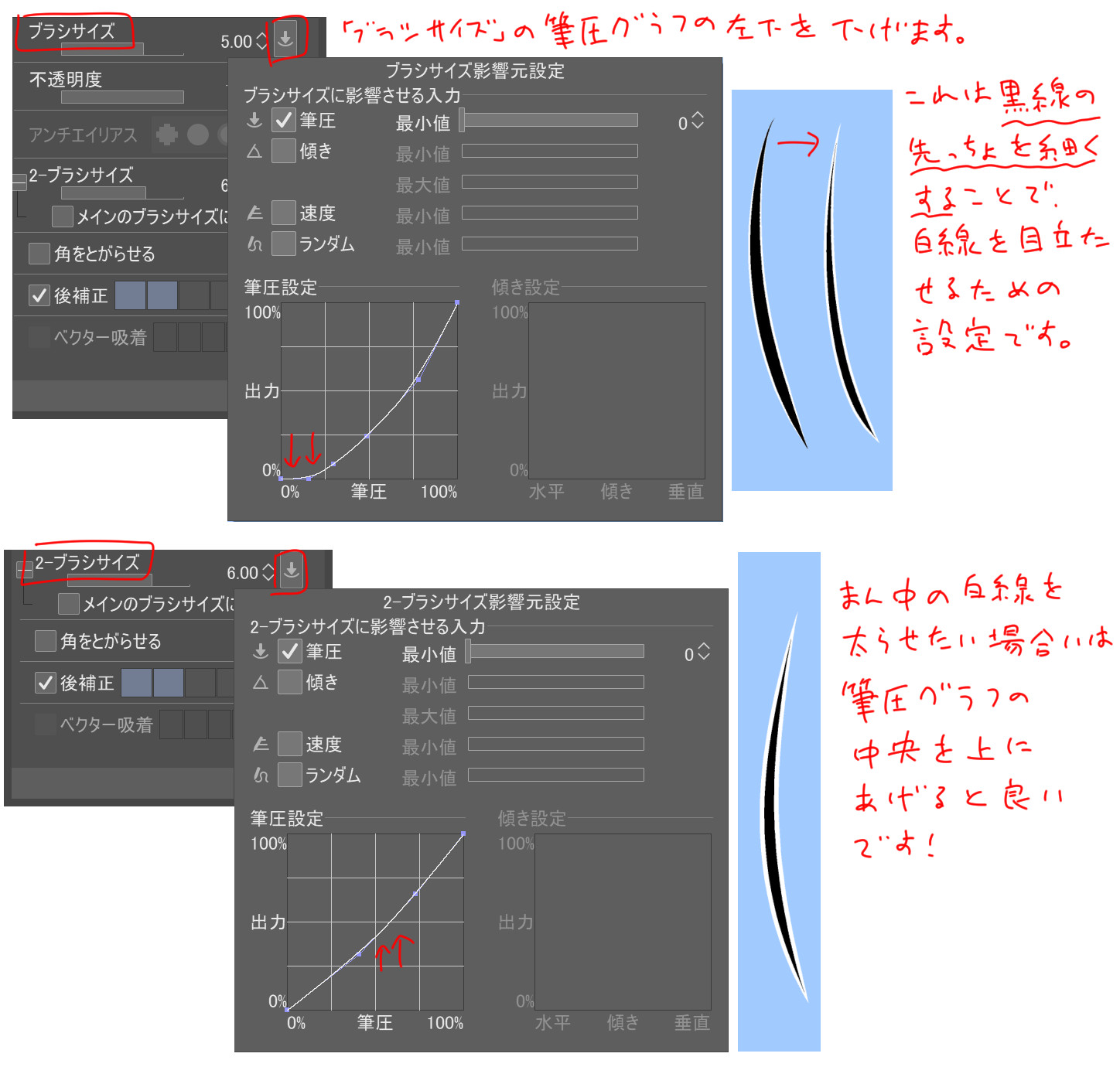 聖月 クリスタで先っちょ細くなる白フチペンの作り方まとめました 複雑な設定のペンだと調整項目がもっと増えますが シンプルな ペンならこれで作れますので 是非お手持ちのペンで作ってみてください Clipstudio T Co Kpbqcy292n Twitter
