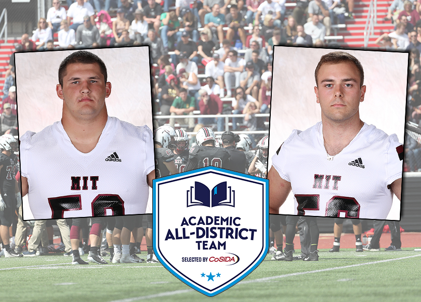 Congratulations to @MITFootball's Sam Gantman and Nathan Basinger, who were named to the @CoSIDAnews Academic All-District Team! It's the second honor for Gantman and the first for Basinger! bit.ly/3wpkJBh #RollTech @d3football @D3FBHuddle