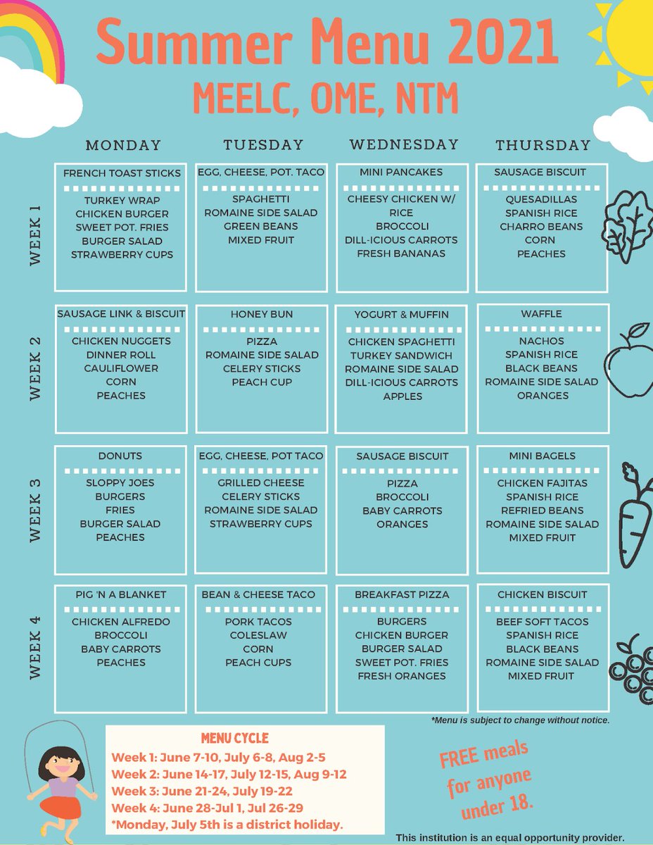 🍎Free Healthy Meals for Kids All Summer 🍎

 📆Starting June 7th | Monday - Thursday
 ⏰9-11 AM
📍 <a href="/ManorEELC/">Manor Elementary Early Learning Center</a>
📍<a href="/OMESOwls/">Oak Meadows ES</a>
📍Manor New Tech Middle School
📍<a href="/ManorSeniorHS/">Manor Senior High</a>

ℹ️Breakfast and Lunch Meal Packs will be provided. 4-day meal packs will be available on Thursdays