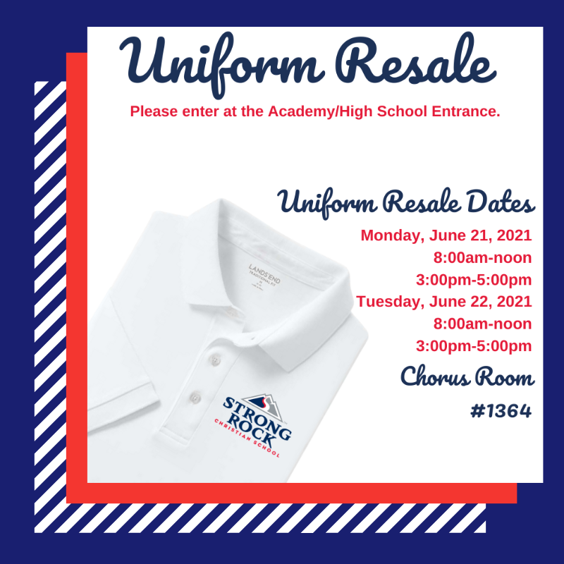 In just one week, on Monday, June 21,  we will have the Strong Rock uniform resale in the Academy/High School chorus room #1364 where all uniform pieces are $5 (except blazers which are $20). Please enter through the Academy/High School entrance. See you there!