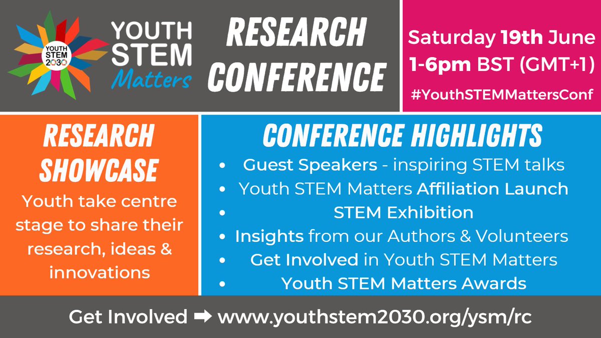 📢 Youth STEM Matters (<a href="/YouthSTEM2030/">Youth STEM 2030</a>) is holding their first ever Research Conference!⁠ 🎊
 
📅 19th June 2021, 1-6pm BST
🎟️ FREE &amp; available now!⁠
🌍 For youth globally (&amp; people who support #YouthInSTEM!)
 
Get Involved ➡️ youthstem2030.org/ysm/rc
 
#YouthSTEMMattersConf