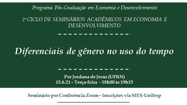 A docente <a href="/Jordans_C/">Jordana C Jesus</a> participa amanhã (15/6), às 18h, do webinário "Diferenciais de gênero no uso do tempo" parte do Ciclo de Seminários Acadêmicos em Economia e Desenvolvimento (PPED) da <a href="/unifesp/">Unifesp</a>. Clica pra saber mais:
👇
bit.ly/3gyJV1G

<a href="/ppgdem/">Demografia UFRN</a> <a href="/ufrnbr/">UFRN</a>