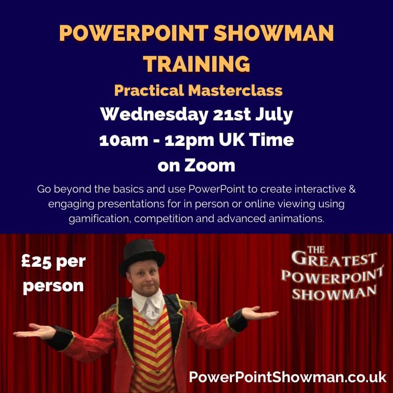 BPresentable's tweet image. I'm putting on another online PowerPoint 2 hour masterclass on Wednesday 21st July 10am - 12pm!

Fancy upgrading your presentation design skills &amp;amp; becoming a PowerPoint wizard? More info here:  

greatestpowerpointshowman.co.uk/online-2-hour-…

#PowerPoint #PresentationDesign  #InteractivePresentation