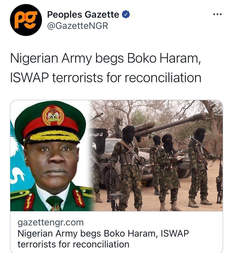 MaziNnamdiKanu's tweet image. NEWS: “Nigerian Army BEGS Boko Haram, ISWAP terrorists for reconciliation”.

And after reconciliation, they will be rehabilitated, recruited into the Army &amp;amp; sent to the South to “shoot to kill”. Now you see why I keep calling it a TERRORIST army &amp;amp; Nigeria a #Zoo