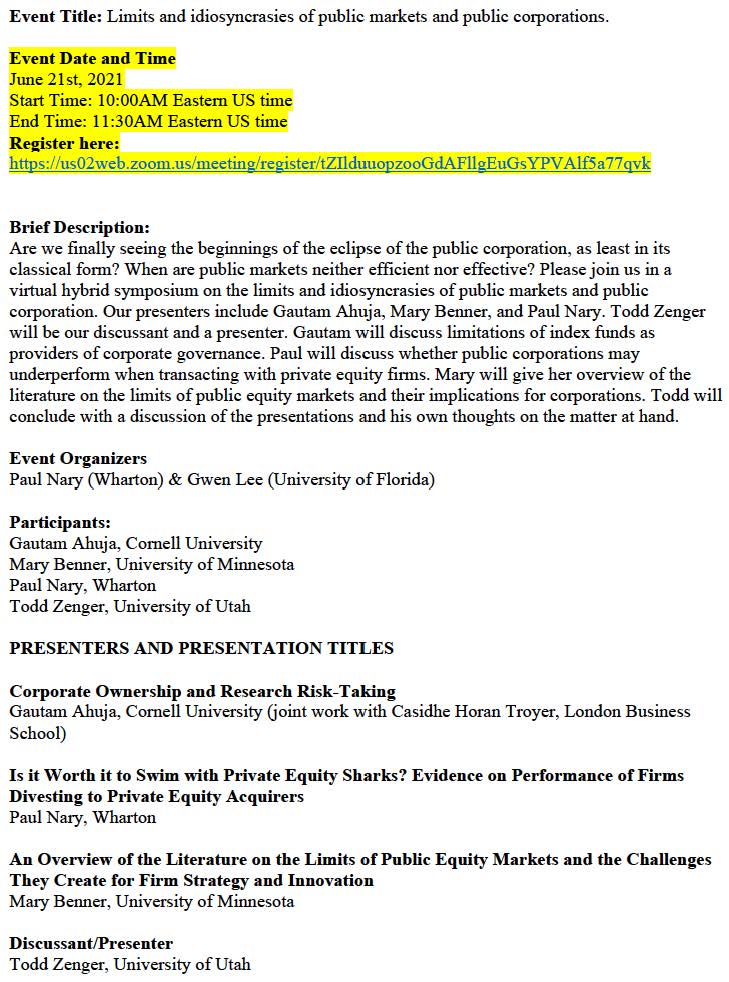 Please join us for an <a href="/AOM_STR/">STR - Strategic Management Division</a> <a href="/AOMConnect/">Academy of Management</a>  STRonger Together virtual seminar on the limits of public markets and public corporations on June 21, 10-11:30 Eastern US time. 
Register here: us02web.zoom.us/meeting/regist…
