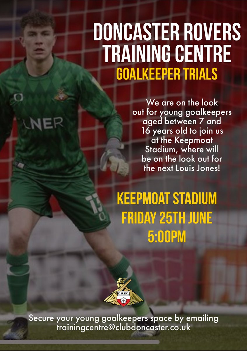 ⚠️Goalkeeper Open Trials⚠️
 
➡️ 7-16 Year Olds
➡️ Keepmoat Stadium
➡️ Friday 25th June - 5pm
➡️ Doncaster Rovers Training Centre

Secure your space⬇️
forms.gle/o3KbSrFbr73q8x…