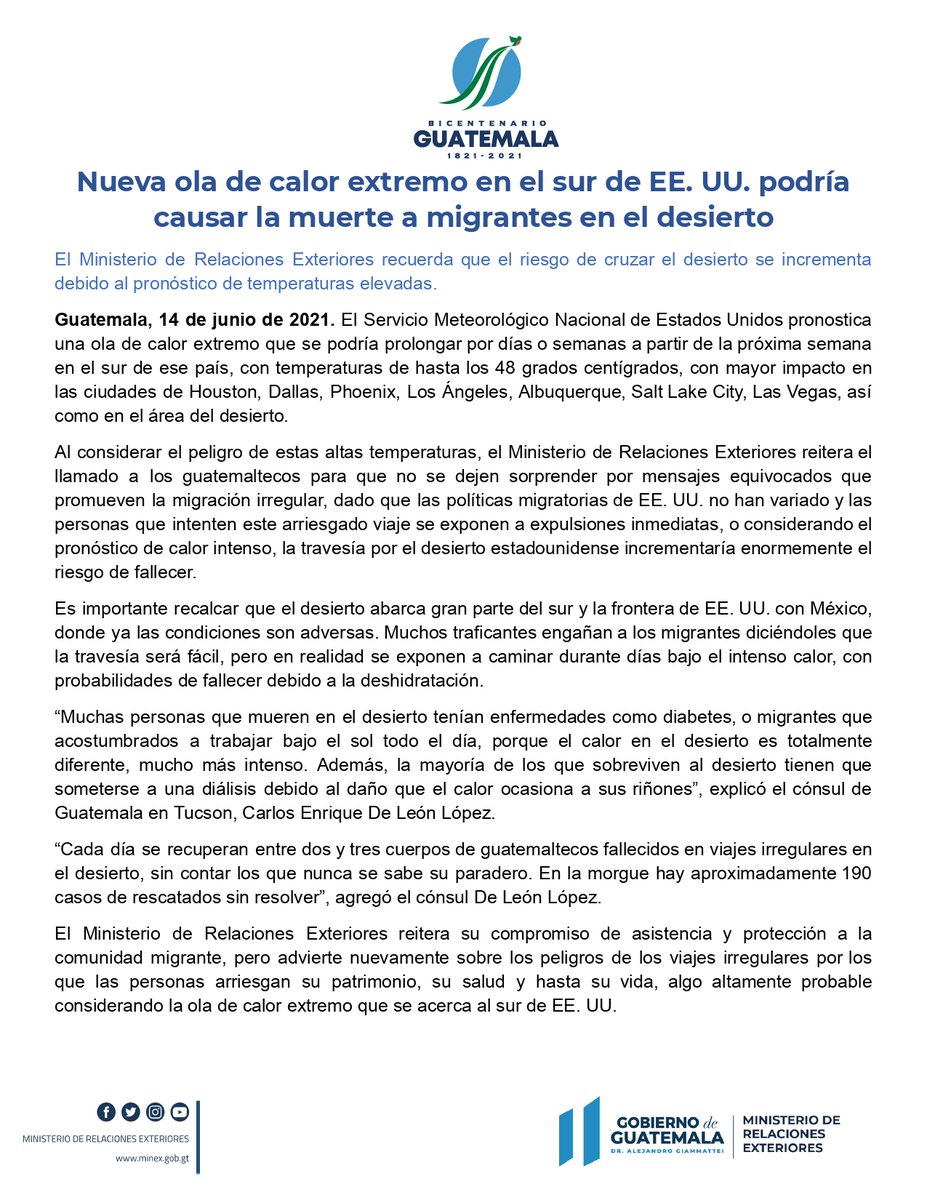 #Nacionales El @MinexGt recuerda que el riesgo de cruzar el desierto se incrementa debido al pronóstico de temperaturas elevadas.