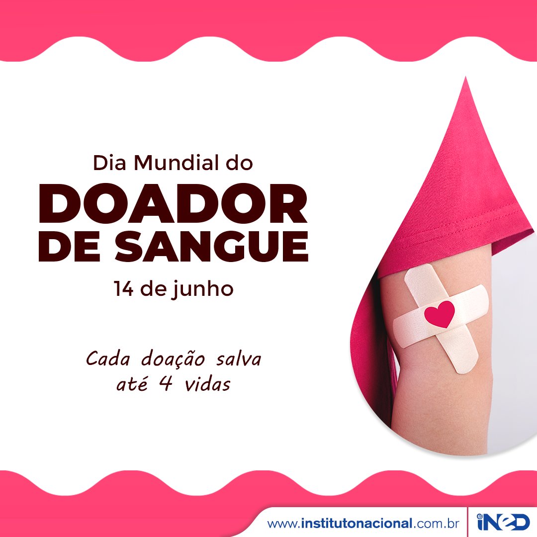 INEDSP's tweet photo. 14 de Junho - Dia Mundial do Doador de Sangue.

Por conta desta data tão importante, Junho foi escolhido para ser o mês da campanha Junho Vermelho, que busca incentivar a população a doar sangue.
A doação é uma ação solidária que pode salvar muitas vidas. Nós apoiamos essa causa! https://t.co/5eDKj8Jf87