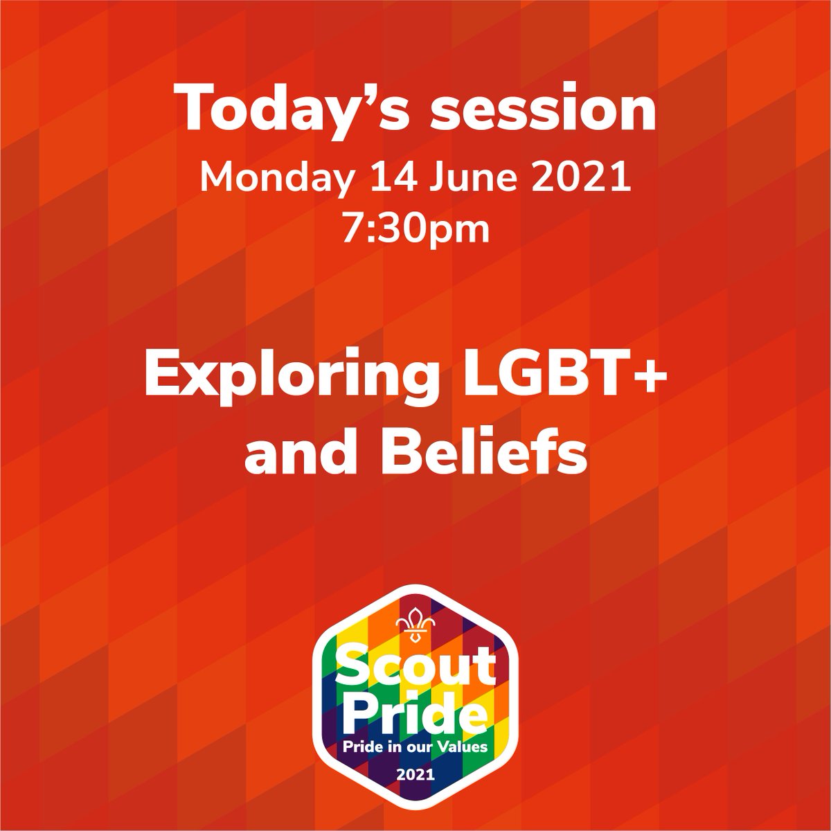 Join us tonight at 19:30 for our second #ScoutPride event of 2021 

Our hosts <a href="/ScoutsCymru/">ScoutsCymru</a> will be exploring 'you, me, my faith and LGBT+' with a fabulous panel of special guests

Sign up here: scouts.org.uk/events/2021/pr…

#pride #Pride2021 <a href="/scouts/">Scouts</a>