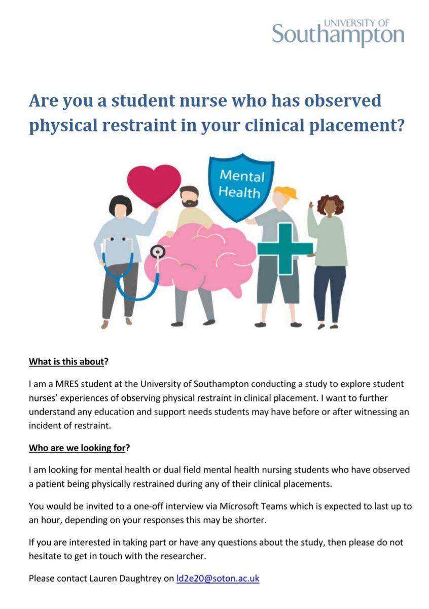 Lauren Daughtrey (@misslaurenamyd) on Twitter photo I'm looking for UK Mental health nursing students to take part in an interview study exploring your experiences of observing restraint in clinical practice. Please see the advert for more details and email me if you have any questions or want to take part! <a href="/MMyall/">Michelle Myall</a> <a href="/WeStudentNurse/">WeStudentNurses 💙</a> I'm looking for UK Mental health nursing students to take part in an interview study exploring your experiences of observing restraint in clinical practice. Please see the advert for more details and email me if you have any questions or want to take part! <a href="/MMyall/">Michelle Myall</a> <a href="/WeStudentNurse/">WeStudentNurses 💙</a>