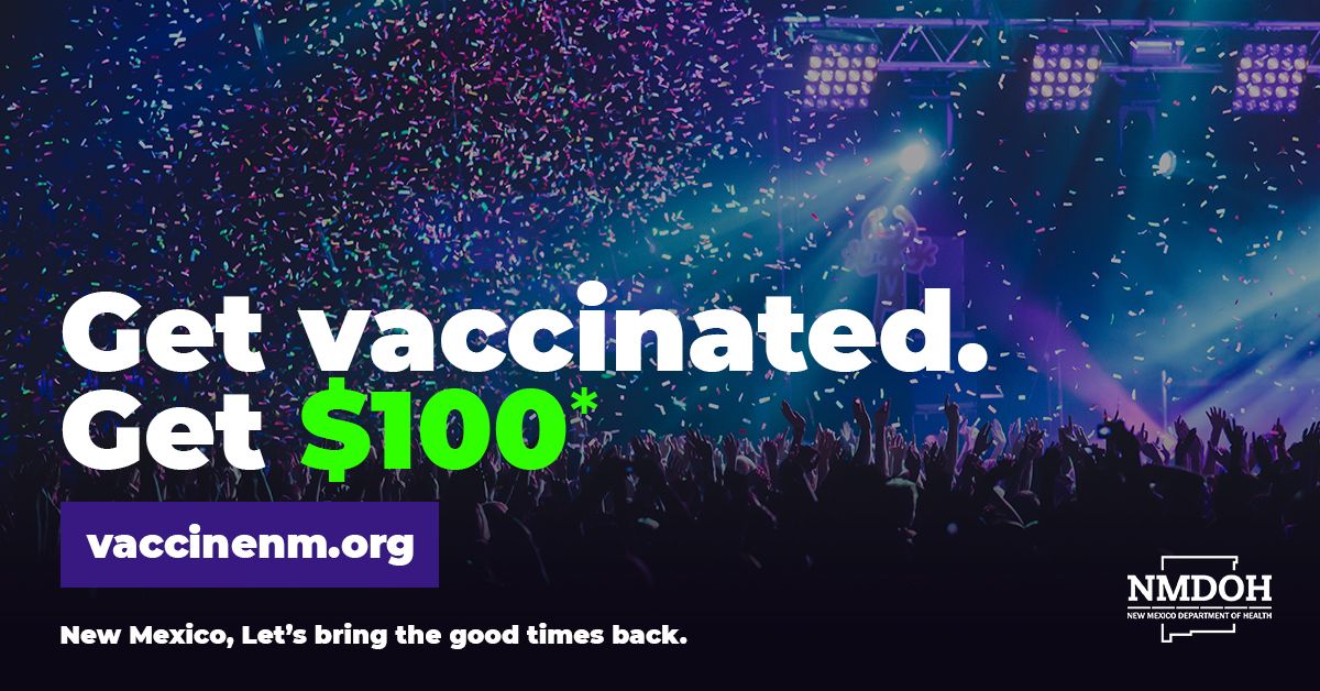 Complete your vaccination by this Thursday, June 17, and receive $100!  🎉

Schedule your appointment today: goodtimes.vaccinenm.org/good-times/

Questions? Please call us at 1-855-600-3453