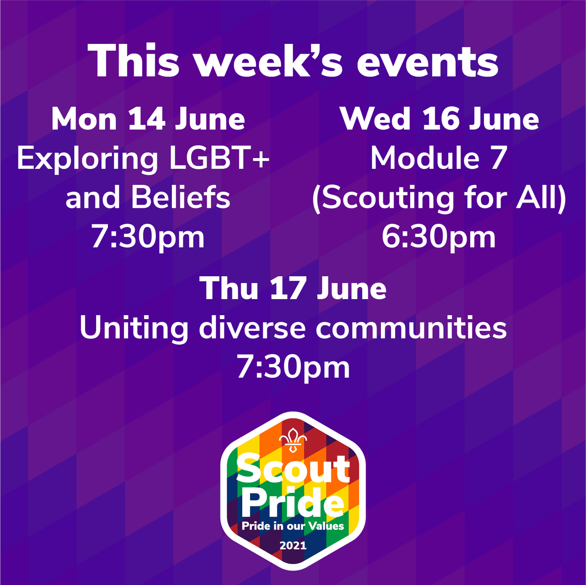 Welcome to week 2 of #ScoutPride 2021 🌈🌈

We have some fabulous events this week hosted by <a href="/ScoutsCymru/">ScoutsCymru</a> &amp; @niscouts with special guests from <a href="/ScoutingIreland/">Scouting Ireland</a> 🎉🎉🎉

Sign up now scouts.org.uk/events/2021/pr…

#pride #Pride2021 <a href="/scouts/">Scouts</a>