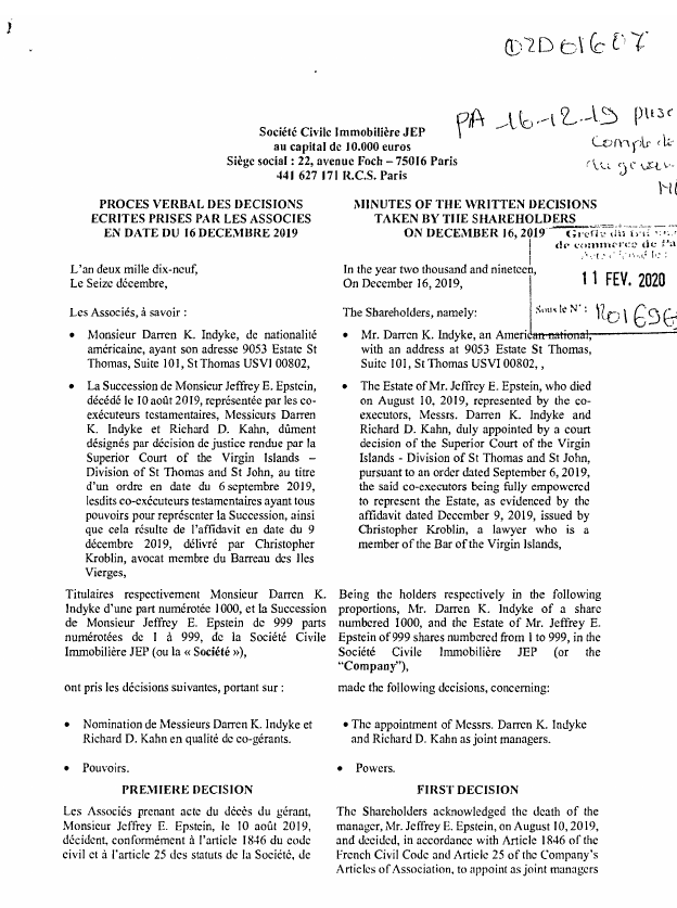 freddie_ponton's tweet photo. Le 11 Février 2020 un procès verbal sera dressé pour la SCI JEP de #Epstein et #Indyke dans le cadre de la succession de #JeffreyEpstein Les co exécuteurs de la succession d'Epstein , Daren Indyke et Richard Khan se rendront à Paris après la mort allegé d'Epstein https://t.co/gFTNCFMutT