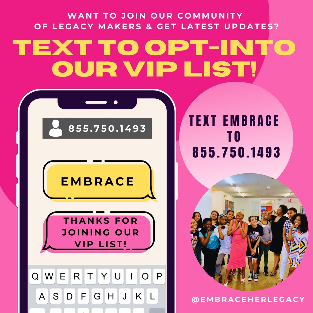 EmbraceLegacy's tweet image. Text “Embrace” to 855-750-1493 to join the Embrace Her Legacy VIP List. You’ll receive updates and info about all things Embrace and join a caring community. Don't miss out! 💗
⁠#texttojoin #texttooptin #viplist #vip#community #embrace #group#nonprofit #nonprofitorganization