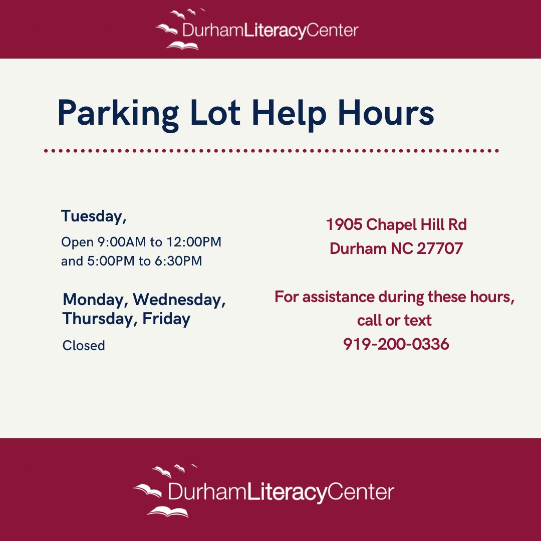 Parking lot help hours are open this week on Tuesday from 9:00 am to 12:00 pm and 5:00 pm to 6:30 pm.