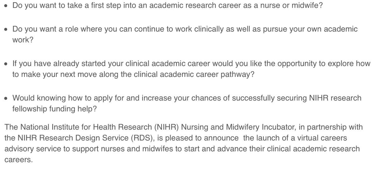 Are you a nurse or midwife looking to do research? A virtual careers advisory service to support nurses & midwifes to start and advance their clinical academic research careers has been launched with the @NIHR_RDS from now until September 30 arc-wx.nihr.ac.uk/nursing-midwif… @NIHRresearch