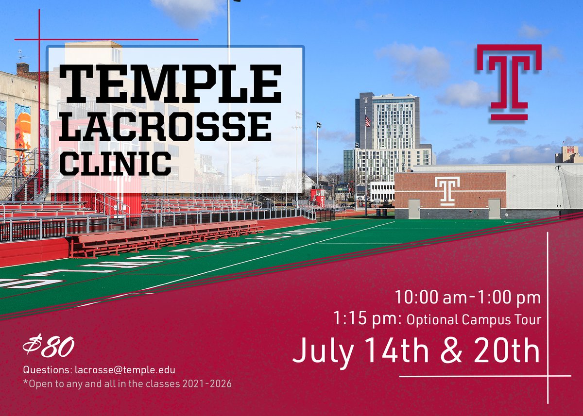 Templelacrosse's tweet photo. Come improve your game with #TULax at our summer clinics! 🍒🥍

Register: https://t.co/kVr1KqtFDP https://t.co/jARuqHcpYz