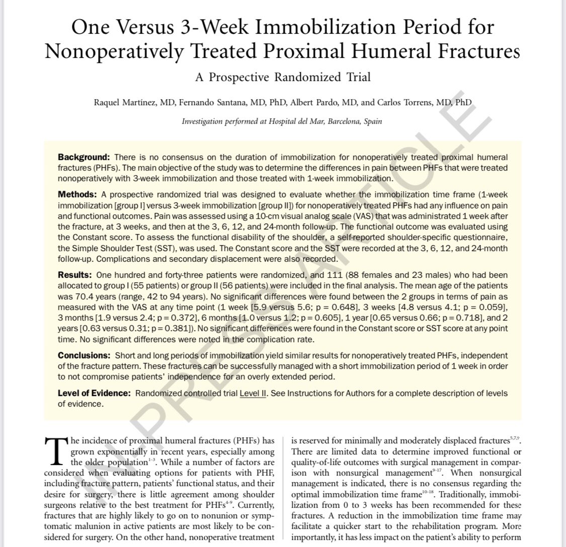Is it necessary to immobilize proximal humerus fracture conservatively treated longer than one week? You can discover in a paper of our teamwork. Thanks to @raquel_mtz_t @pardo_albert and -of course- Carlos Torrens.