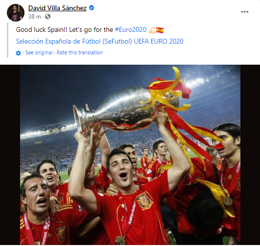 دافيد فيا عبر فيسبوك ️ حظًا سعيدًا يا إسبانيا، لنذهب من أجل يورو2020 🇪🇸